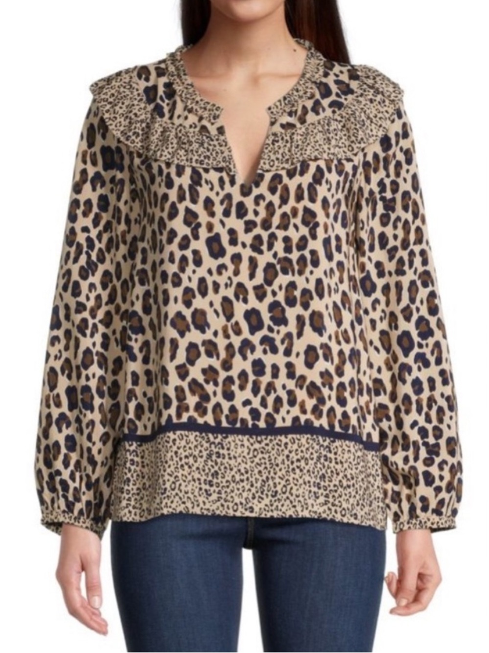 Vineyard Vines Borderline Ruffle Long Sleeve Blouse beige cheetah cappuccino XL